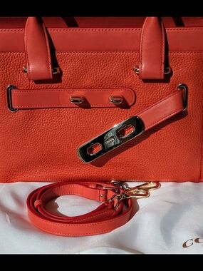 Red Leather Structured Tote Bag with Gold Hardware